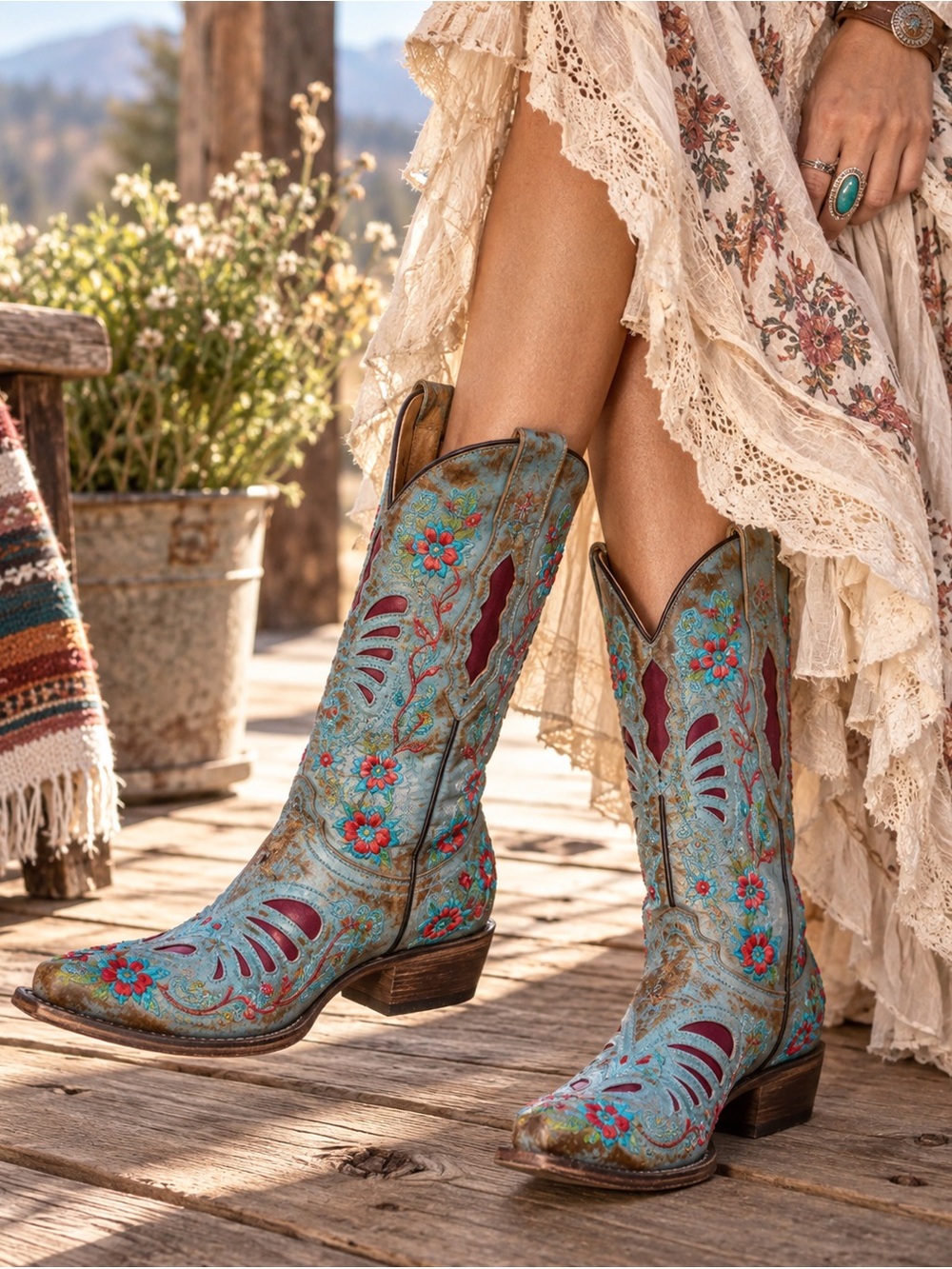 Vintage Mexican Leather Embroidered Western Cowboy Boots 7.5B | Colorful Floral - Picture 5 of 16